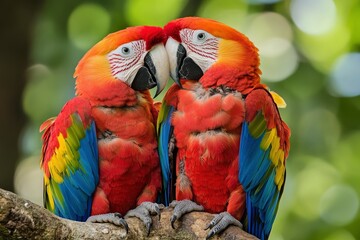 Fototapeta premium Macaws (Ara ararauna), pair, native to South America, captive, Wachenheim, Germany, Europe, ai