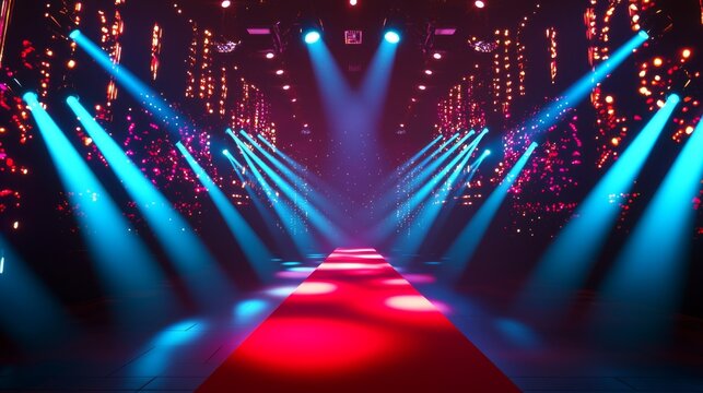 Glamorous Stage Setup with Red Carpet and Luxury Lighting Effects for High-End Events