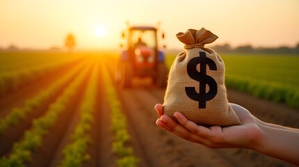 Money Bag in a Field with a Tractor in the Background