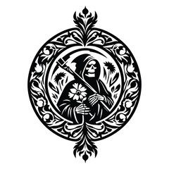 grim reaper with folk art decoration in black and white illustrations, cutout graphic