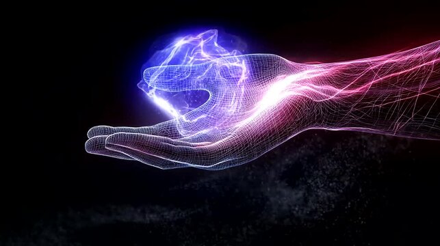 A digital wireframe hand holding a glowing energy ball against a dark background, representing futuristic technology. Seamless looping time-lapse video background