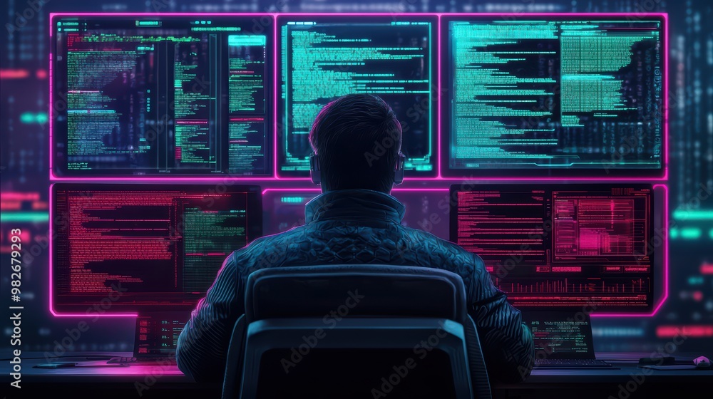Poster a programmer analyzes complex code on multiple screens in a high-tech, neon-lit workspace.