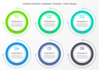 6 options business infographic template, simple colorful circle with circular line, also with number and text frame