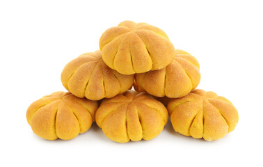 Tasty pumpkin shaped buns isolated on white