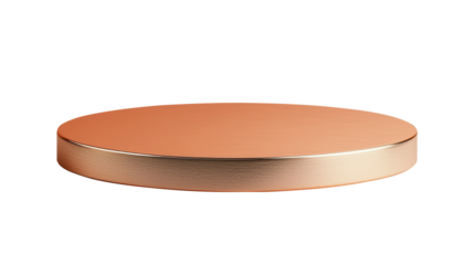Copper round pedestal display stand with a smooth surface and metallic finish, ideal for product presentations or showcasing items. Isolated on transparent background, png.