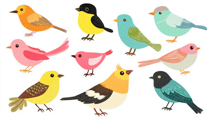 A set various illustration of cute birds on white background.