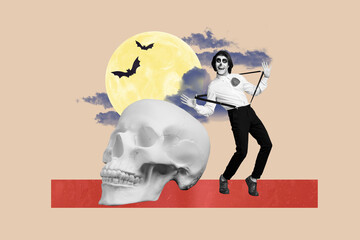 Composite photo collage of crazy mariachi caballero man dance big skeleton head halloween decor...