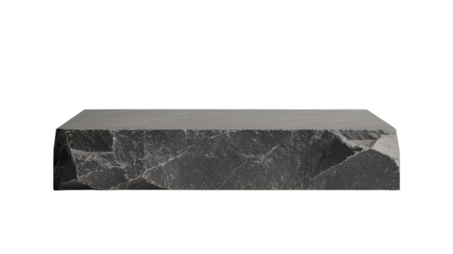 Rectangular black stone pedestal with a smooth surface, ideal for minimalist product display or exhibition platforms. Isolated on transparent background, png.