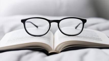 Black eyeglasses placed on an open book with a blurred background, focusing on the glasses and the text on the book pages.