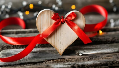 Handcrafted wooden heart adorned with red ribbon on rustic backdrop, perfect for festive greetings and romantic designs