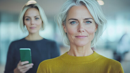 Fototapeta premium A confident woman in a yellow sweater looks directly at the camera.
