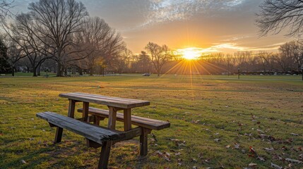 Fototapeta premium A serene autumn sunset in a peaceful park featuring an empty wooden picnic table surrounded by fallen leaves and bare trees
