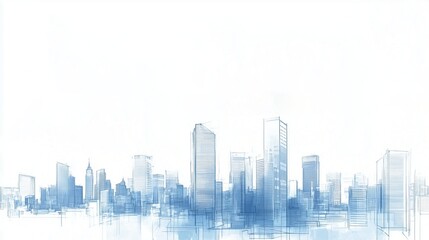 Obraz premium White background with urban skyline drawn with faint blue lines. Use for presentation, slide show, slide for brochure, marketing, leaflet, advertising, banner, cover, web, flyer, card, poster, powerpo