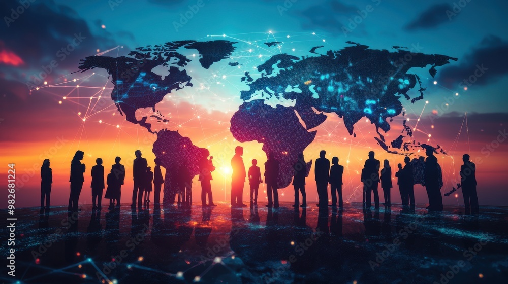 Canvas Prints 3d rendering of a world map with a global network and business people silhouettes connecting on a bl