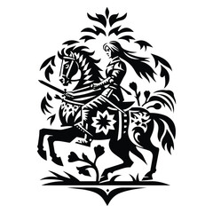 Obraz premium knight riding horse female with folk art decoration in black and white illustrations, cutout graphic