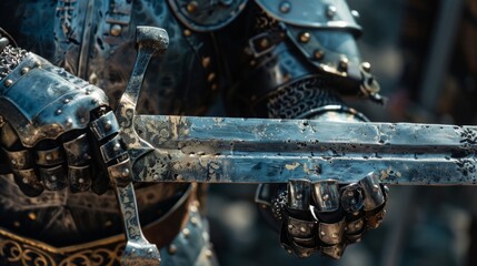 A knight in armor with a sword, ready for battle. Armor has ornate details, sword held in front. Scene focuses on medieval warfare theme.