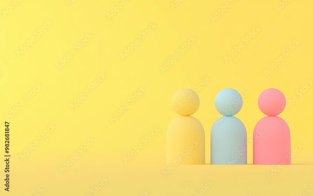 Poster minimalist abstract artwork featuring three colorful geometric figures on a vibrant yellow backgroun