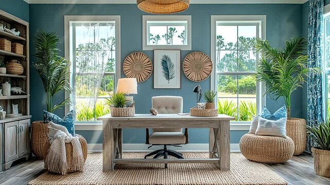 A home office filled with natural light, decorated with bohemian elements and earthy tones for a cozy workspace. Seamless looping time-lapse video background