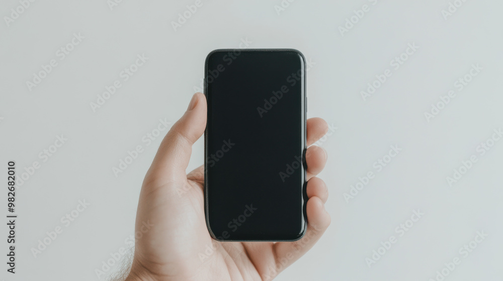 Poster minimalistic image of a hand holding a smartphone with a blank screen against a white background, em