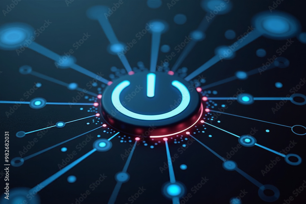 Poster a blue power button is surrounded by interconnected lines and dots on a black background, representi