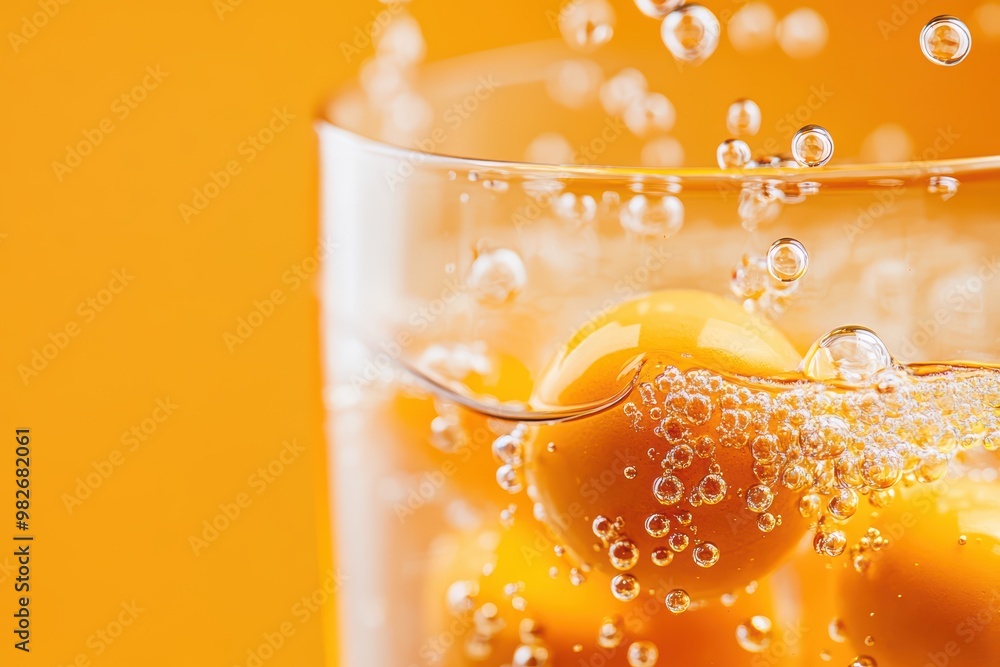 Poster a vibrant close-up of orange spheres submerged in bubbly water, creating a refreshing and dynamic vi