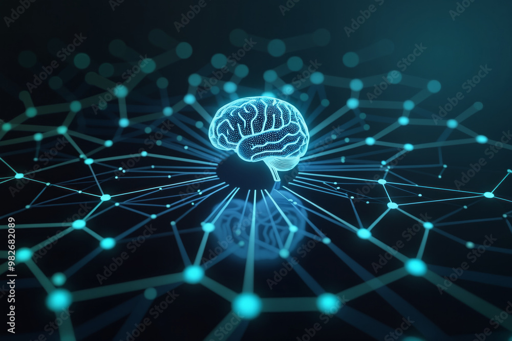 Poster a blue brain on a dark background with radiating connected lines and dots, symbolizing artificial in