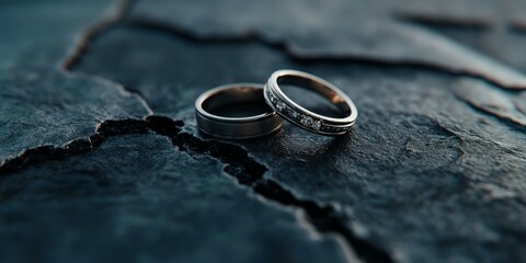 Two wedding bands on dark, textured surface.