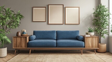 A modern living room featuring a blue sofa, wooden furniture, and greenery, perfect for creating a cozy atmosphere.