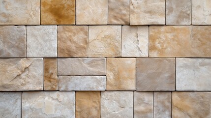 A close-up view of a stone wall with rectangular and square stone bricks in various shades of beige, brown, and grey.