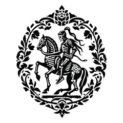 Fototapeta premium knight riding horse skeleton with folk art decoration in black and white illustrations, cutout graphic