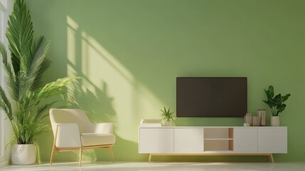 A modern living room featuring a green wall, stylish chair, TV setup, and lush plants creating a soothing atmosphere.