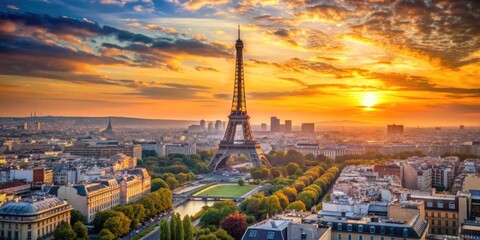 Naklejka premium Sunset over Paris with view of iconic Eiffel Tower and cityscape, Paris, France, sunset, Eiffel Tower, cityscape
