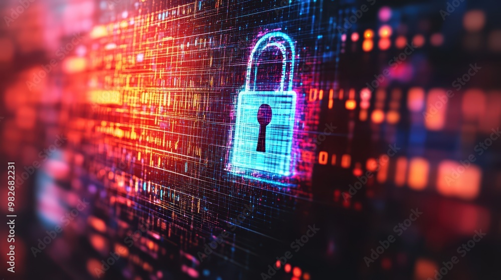 Poster a vibrant digital lock against a background of data streams, symbolizing cybersecurity and data prot