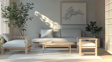 A serene living room with minimalistic furniture, natural light, and green plants, perfect for relaxation and comfort.