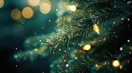 Close-up of a festive Christmas tree branch adorned with glowing lights and soft snowflakes, creating a warm holiday atmosphere.