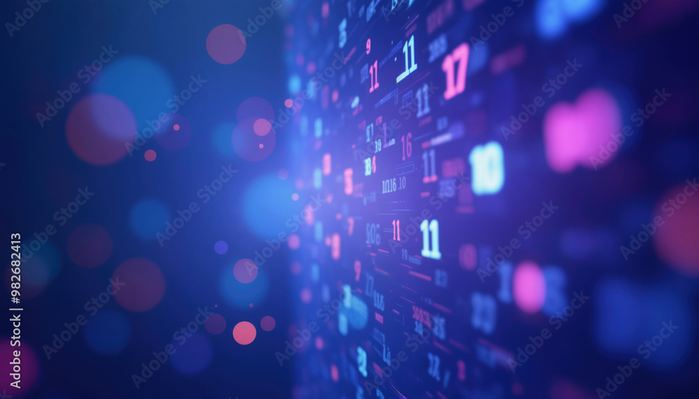 Poster digital financial data with bokeh lights: abstract digital background with floating numbers and glow