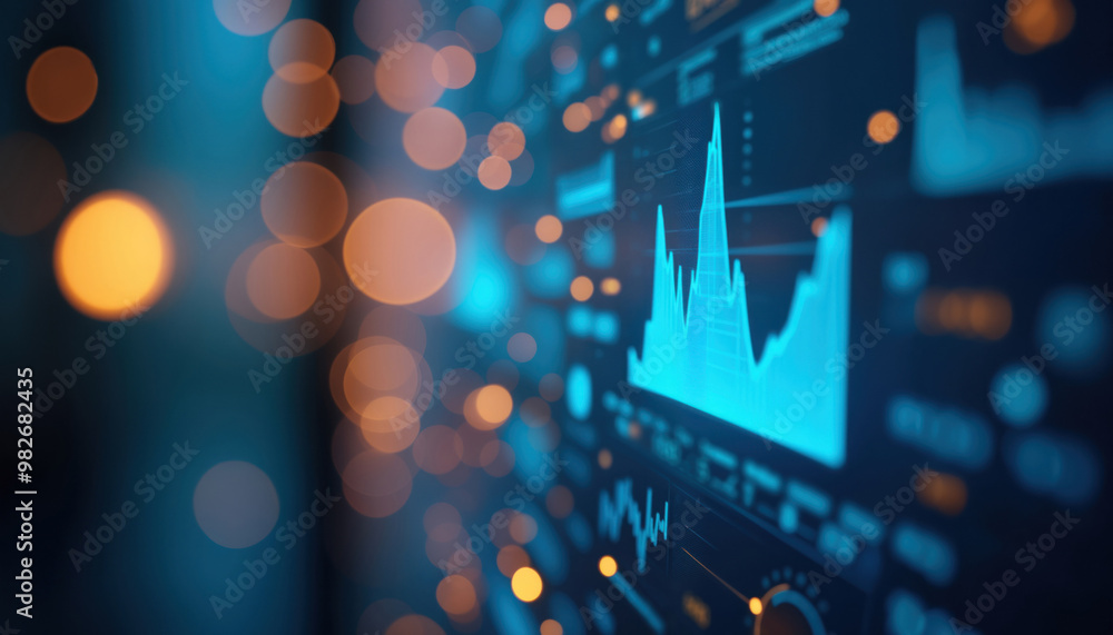 Poster abstract stock market graph with bokeh lights: blurred image of a stock market graph with orange and