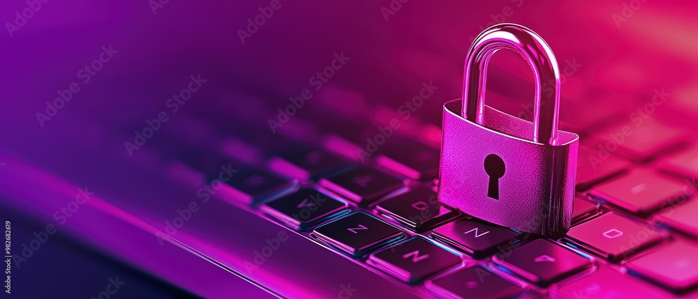 Poster a vibrant image of a padlock on a keyboard, symbolizing digital security and data protection in a mo