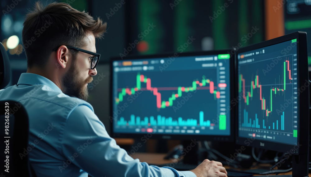 Poster trader analyzing stock data on monitors: a trader focused on analyzing real-time stock data across m