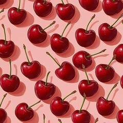 Seamless pattern of cherry, maintaining similar size and shape, detailed texture of each cherry against a soft red backdrop with subtle gradients, highlighting the natural sheen on the fruit's surface