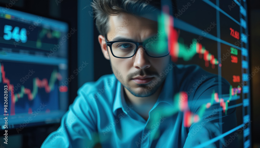 Poster close-up of trader analyzing stock market data: a close-up of a trader analyzing stock market data o