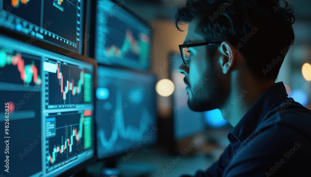 Poster trader reviewing market data in low light environment: a trader reviewing market data in a low-light