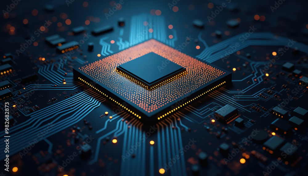 Poster advanced processor on dark circuit board: a close-up of an advanced processor on a dark circuit boar