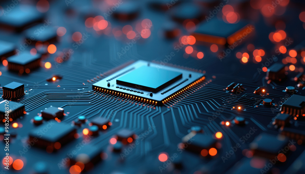 Poster processor on blue circuit board with components: a processor on a blue circuit board surrounded by c