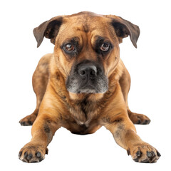 Obraz premium Large mixed breed brindle dog is lying down with its paws outstretched looking forward