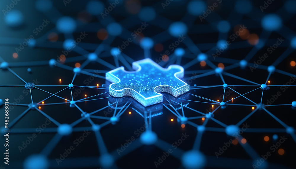 Poster puzzle piece icon with network connection: a puzzle piece icon connected to a digital network, symbo