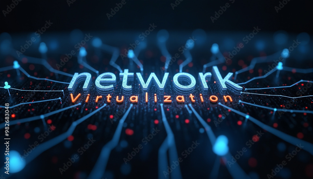 Poster network virtualization word with digital network: the phrase network virtualization displayed within