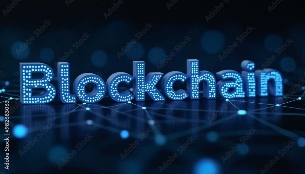 Poster blockchain text in digital network: the word blockchain displayed within a digital network grid, sym