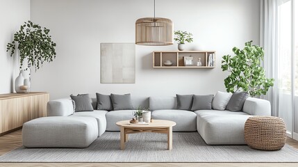 Spacious modern living room with a light sofa, wooden decor, and lush plants, creating a bright and inviting atmosphere.