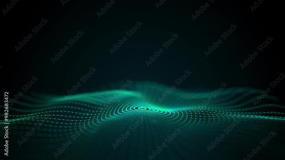 Poster abstract circle wave with green light on black background. science background with moving dots and l